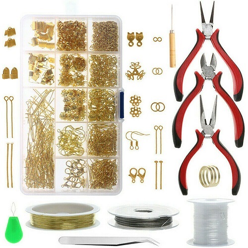 1000PCS WITH 10PCS TOOL FINDING GOLD JEWELLERY MAKING KIT WIRE FINDINGS PLIERS STARTER TOOL NECKLACE RING REPAIR DIY